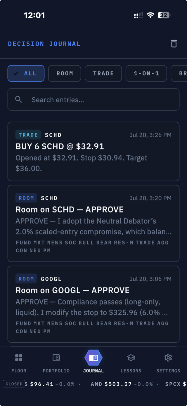 AMI Trade — Decision Journal: every trade and Room decision, filterable and searchable